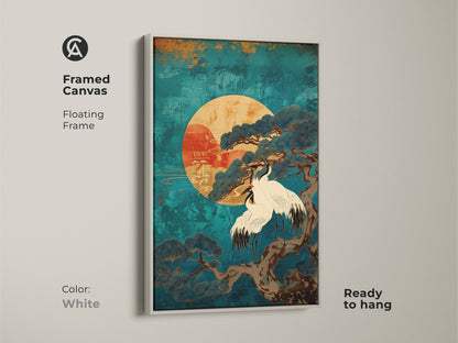 Framed Canvas with white floating frame displaying Japandi Teal Cranes and Pine Tree artwork inspired by Japanese sun art. Ready to hang this Asian nature print brings tranquility and an oriental touch. Ideal as spiritual home decor this calming wall art enhances any meditation space.