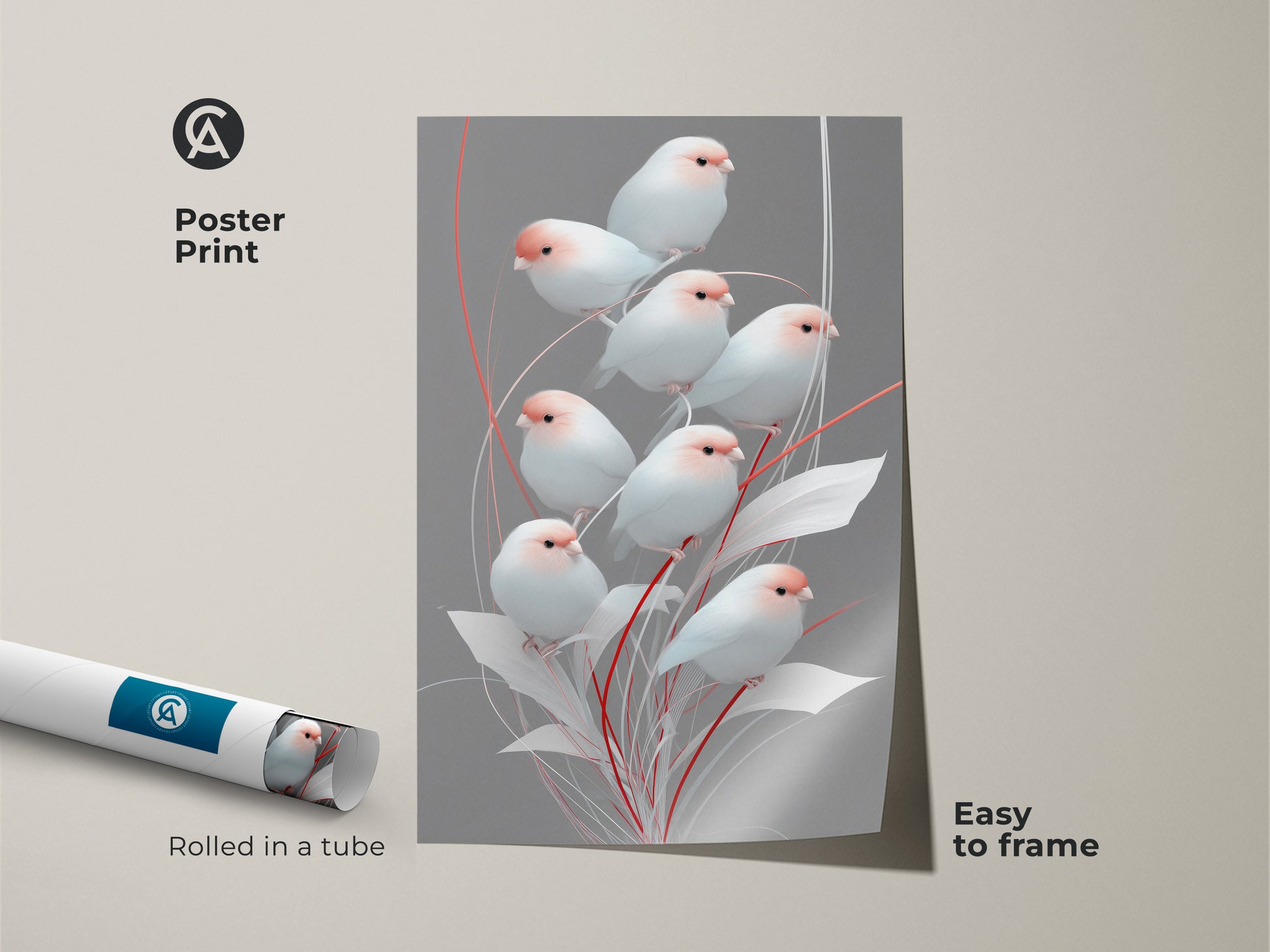 Scandinavian bird art poster print rolled in a tube for easy framing. Minimalist finch print features pink and gray botanical elements. This modern folk art decor is a unique gift for bird lovers. The delicate bird artwork adds a touch of nature to bedroom wall decor. A perfect housewarming gift.