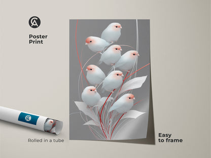 Scandinavian bird art poster print rolled in a tube for easy framing. Minimalist finch print features pink and gray botanical elements. This modern folk art decor is a unique gift for bird lovers. The delicate bird artwork adds a touch of nature to bedroom wall decor. A perfect housewarming gift.