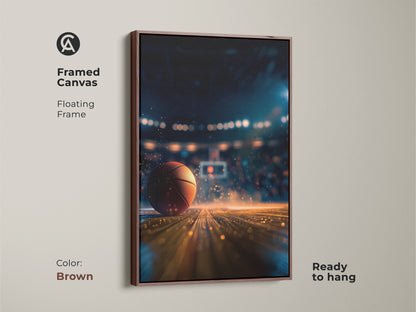 Elevate your space with this framed canvas basketball art. The floating frame in brown adds warmth to the artwork. Ready to hang and easy to display. It is ideal for adding a sporty touch to any room. This basketball artwork is a must have.