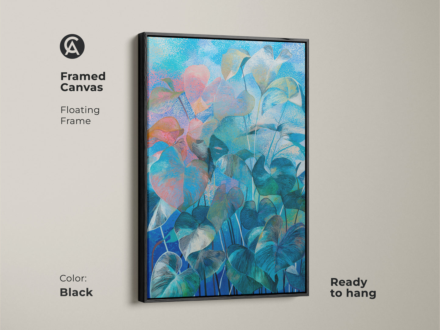 Antique gold framed canvas showcasing tropical leaves art. The floating frame adds a luxurious touch. Ideal wall hanging for adding a nature inspired element to modern home decor. Ready to display.