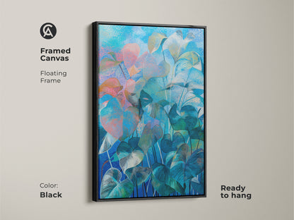 Antique gold framed canvas showcasing tropical leaves art. The floating frame adds a luxurious touch. Ideal wall hanging for adding a nature inspired element to modern home decor. Ready to display.