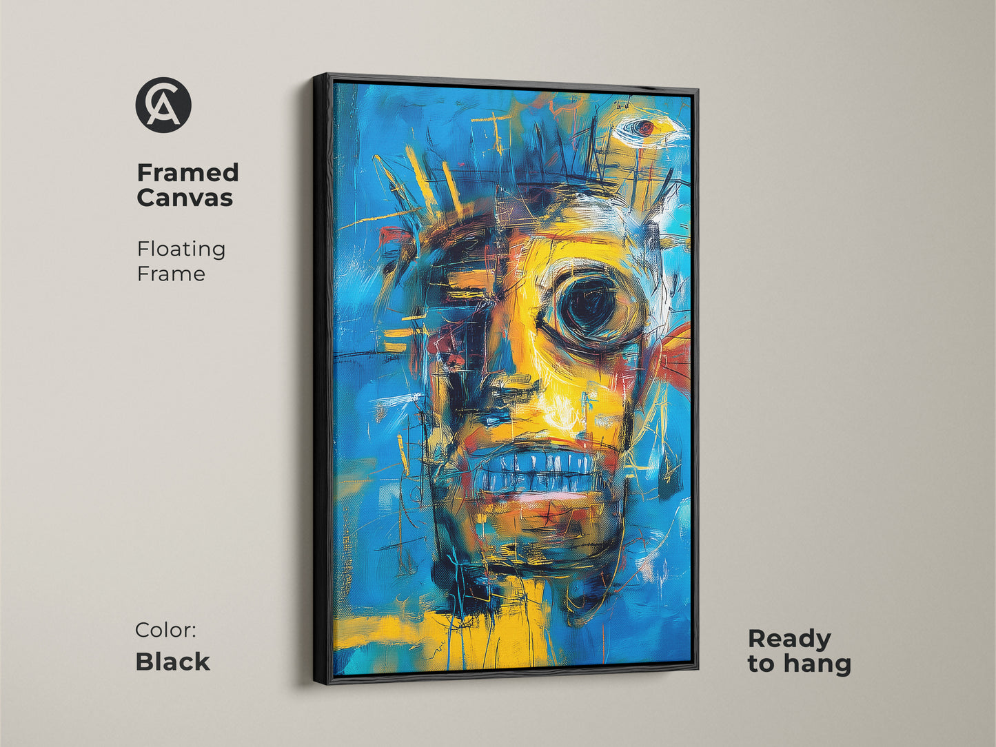 Framed canvas showcasing a bold abstract face art piece. The black floating frame enhances the artwork's visual impact. It arrives ready to hang perfect for contemporary spaces. A sleek addition to any room.