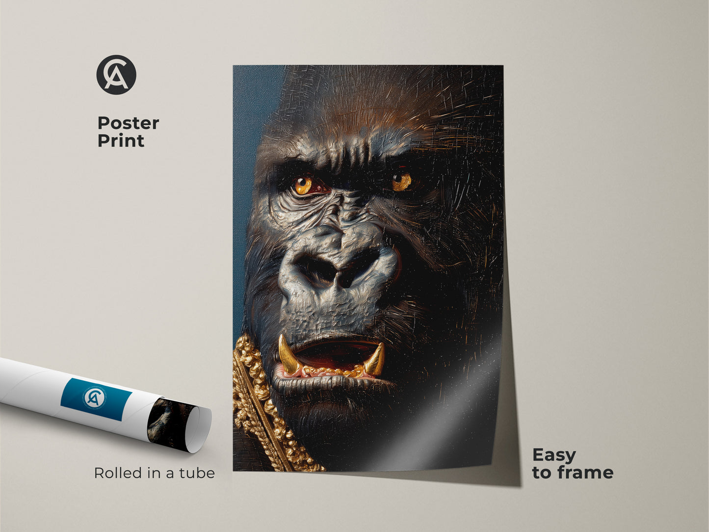 Poster print of a gorilla portrait rolled in a tube. The majestic gorilla wears a gold chain. This art is easy to frame. The poster showcases fine details and rich colors. Get this museum-quality poster for your art collection.