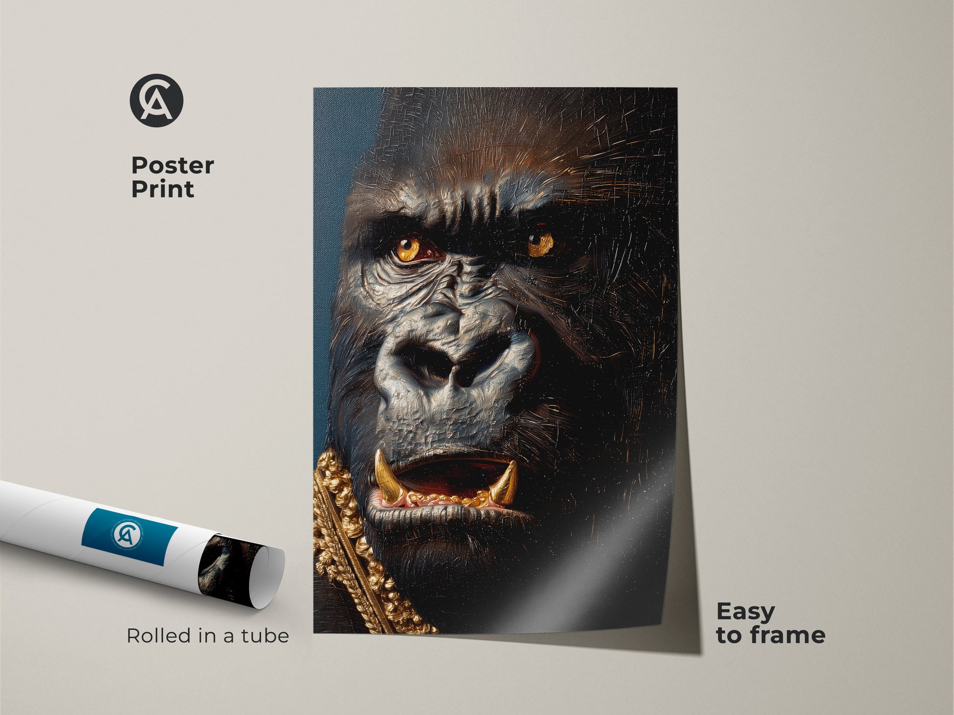 Poster print of a gorilla portrait rolled in a tube. The majestic gorilla wears a gold chain. This art is easy to frame. The poster showcases fine details and rich colors. Get this museum-quality poster for your art collection.