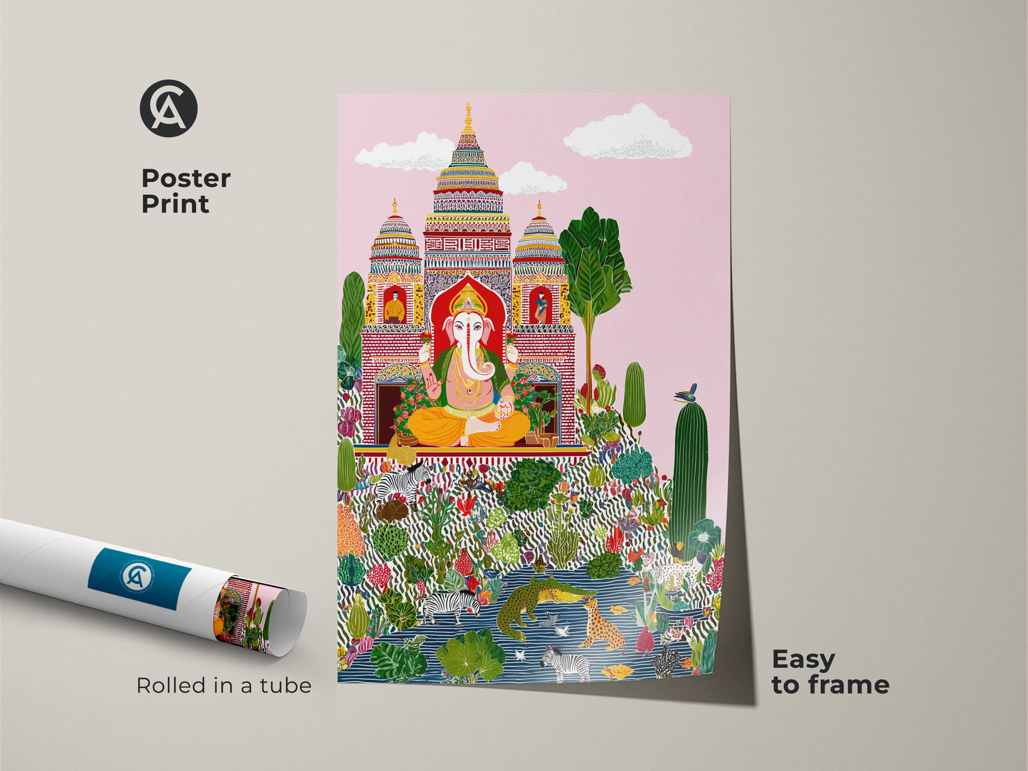 Ganesha poster print rolled and ready to frame. This spiritual folk artwork displays vibrant colors and eclectic elements. The animal landscape print blends Ganesha with botanical art. Easy to frame unique wall decor. Perfect as a housewarming gift. Brighten any room with this piece