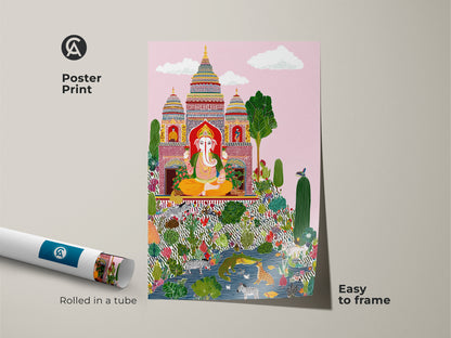 Ganesha poster print rolled and ready to frame. This spiritual folk artwork displays vibrant colors and eclectic elements. The animal landscape print blends Ganesha with botanical art. Easy to frame unique wall decor. Perfect as a housewarming gift. Brighten any room with this piece