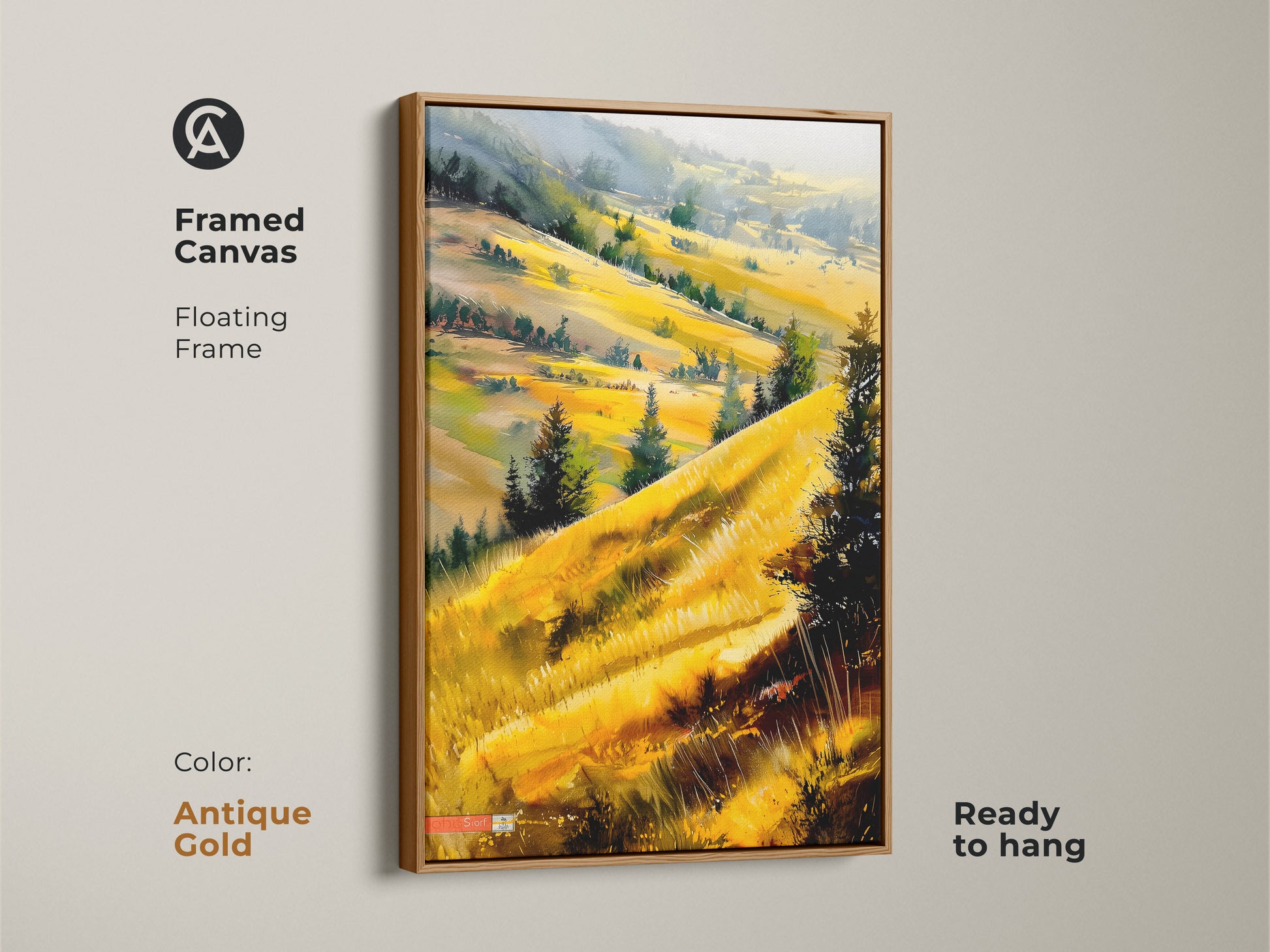 Antique gold framed canvas print. The artwork shows rolling golden hills. Impressionist trees add depth to the landscape. Ideal for nature lover housewarming gift. The yellow and green scenery creates a peaceful vibe.
