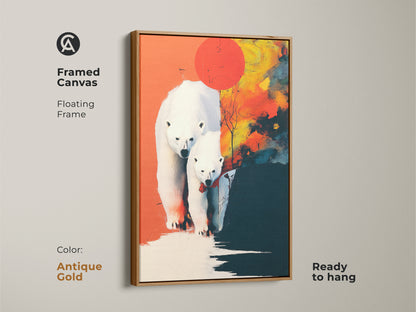 Abstract polar bear family artwork framed in antique gold. This modern canvas print adds a touch of elegance to your walls. Ready to hang this wildlife painting complements eclectic and contemporary home interiors. Shop now.