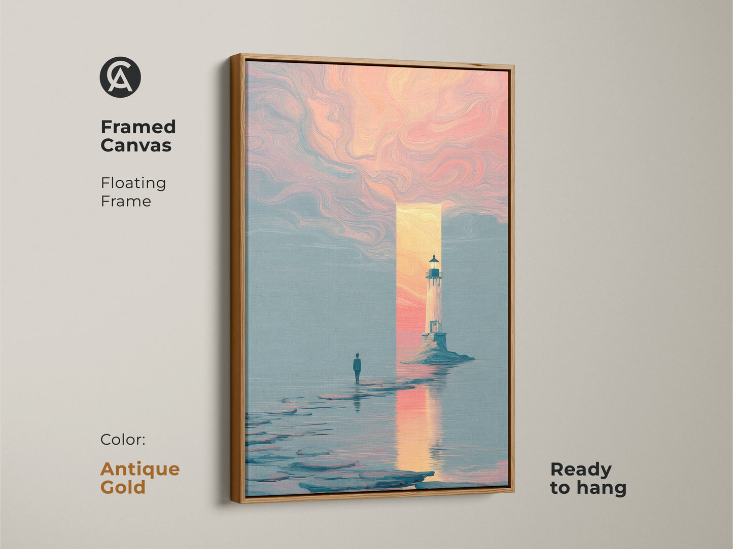 This image showcases framed canvas art with an antique gold floating frame. The surreal pink orange and blue seascape brings a mystical touch to your walls. A lone man looks at the lighthouse. Perfect unique artwork for a bedroom or office. Ready to hang.