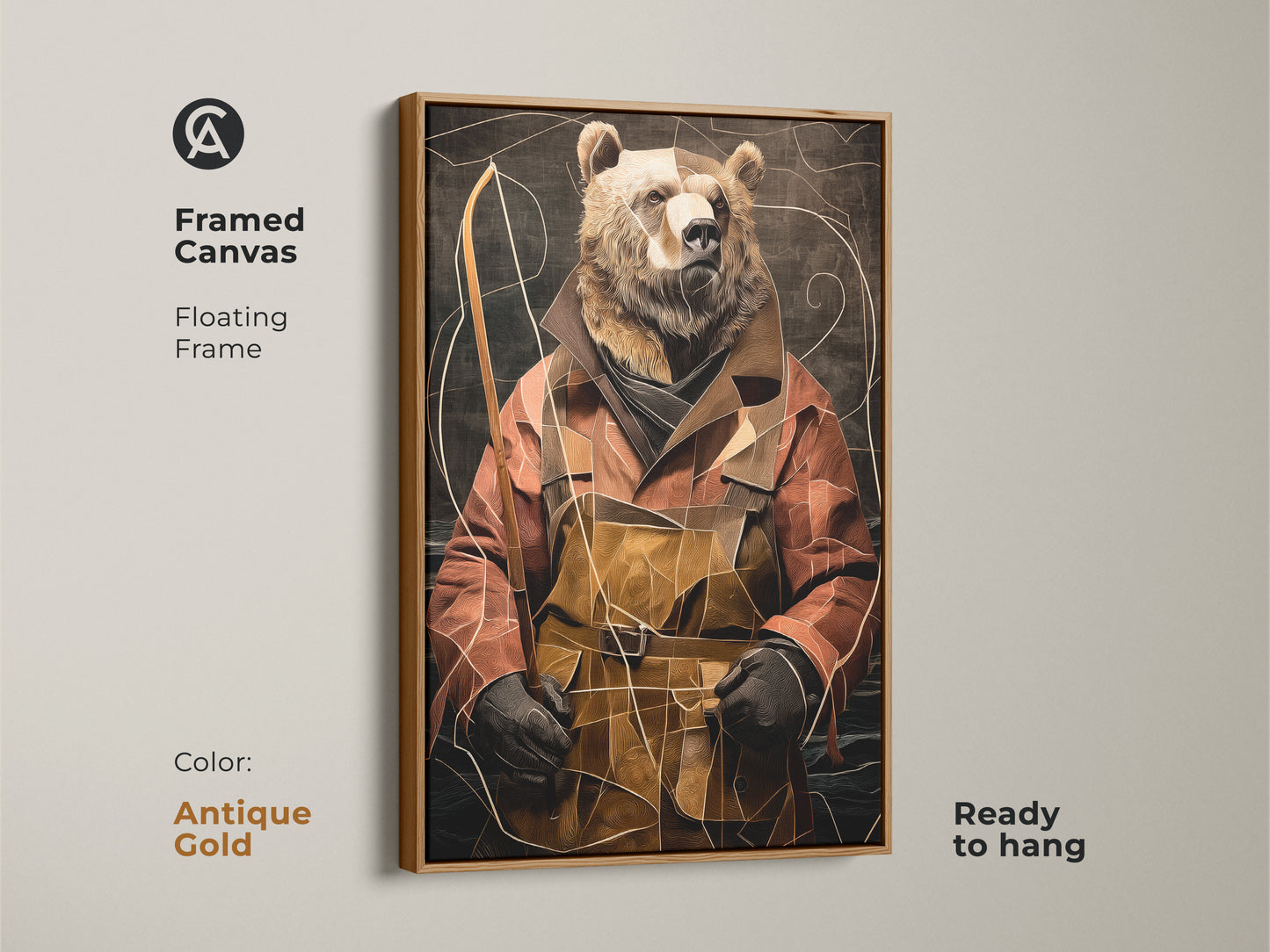 Framed Canvas with an antique gold floating frame highlighting the Eclectic Bear Fisherman art piece. The terracotta wall decor is ready to hang offering a unique touch. Gold accents in the animal portrait enhance any study or home office art space. Ideal gift.