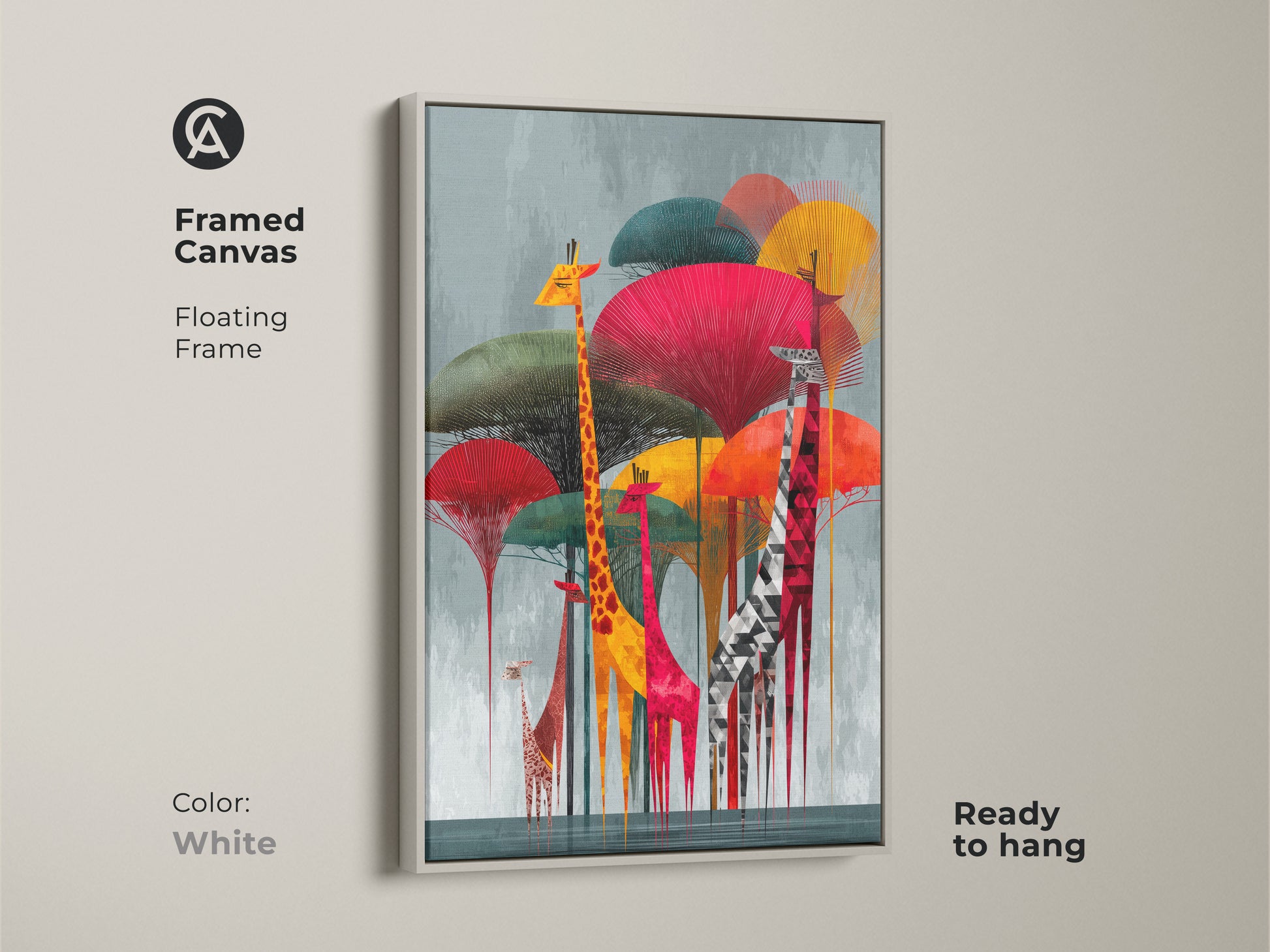 Framed canvas showcasing the Geometric Giraffe artwork with a floating white frame. This modern folk art decor is ready to hang. The abstract animal print brings a colorful safari to any room. A perfect addition to modern living room art. A unique animal wall decor.