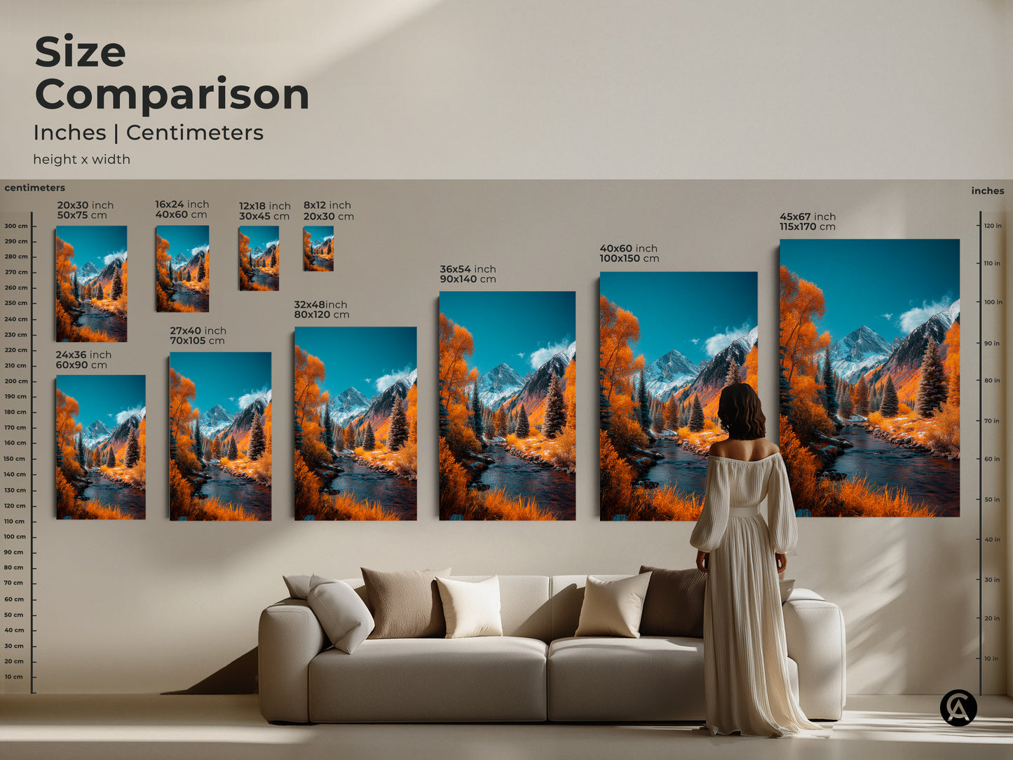 Size comparison of mountain river landscape prints in inches and centimeters. See how art scales from small 8x12 inch prints to large 45x67 inch statement pieces. Visualize artwork sizes to enhance your home decor. Choose the perfect size for your wall and create a stunning display.