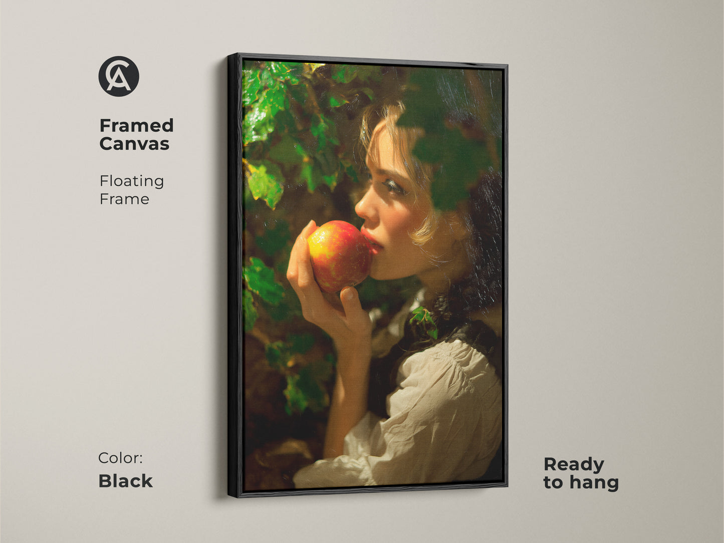 Framed canvas with a black floating frame featuring a classical realism woman with apple artwork. Ready to hang this traditional art adds a touch of elegance. The red gold and green hues enhance any space.