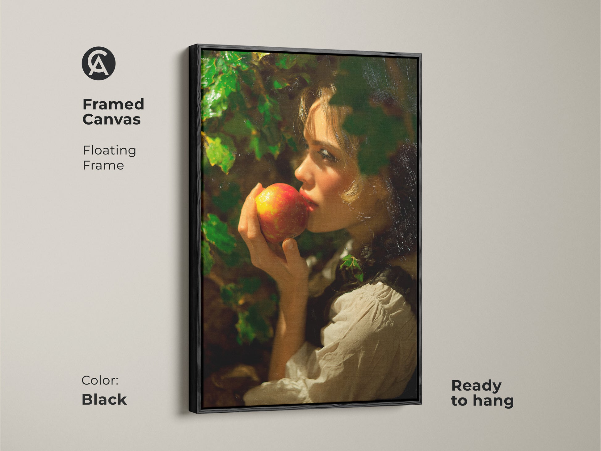 Framed canvas with a black floating frame featuring a classical realism woman with apple artwork. Ready to hang this traditional art adds a touch of elegance. The red gold and green hues enhance any space.
