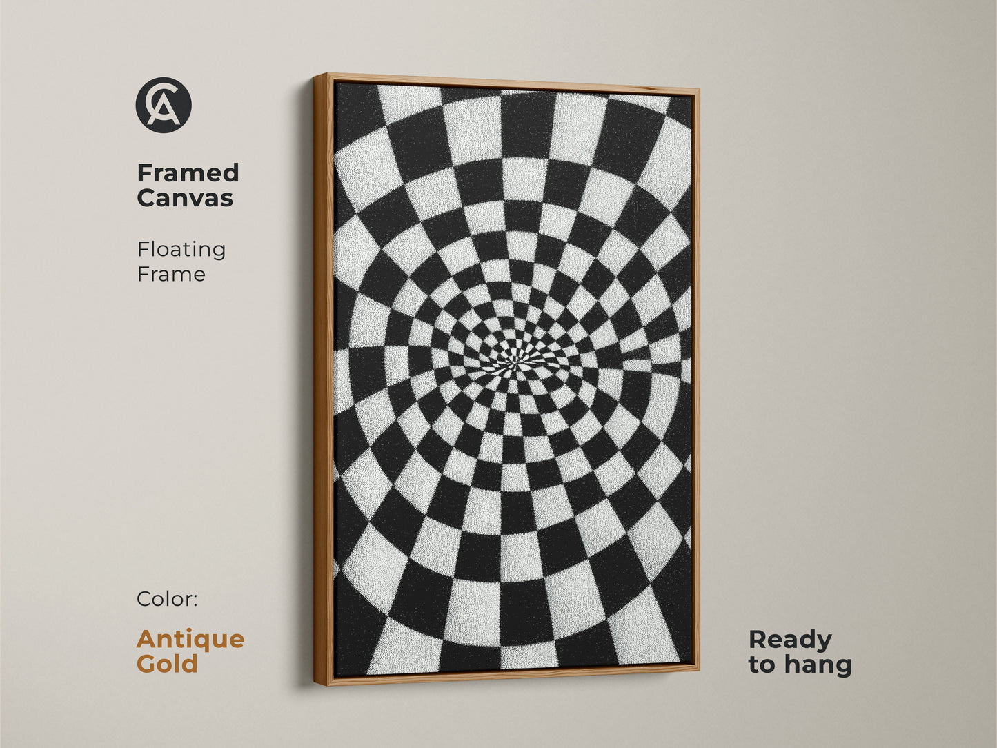 Framed Canvas Abstract Spiral Checkerboard artwork. An antique gold floating frame surrounds the black and white Op Art Print. It is geometric wall decor for a hallway or office. This contemporary art is ready to hang.