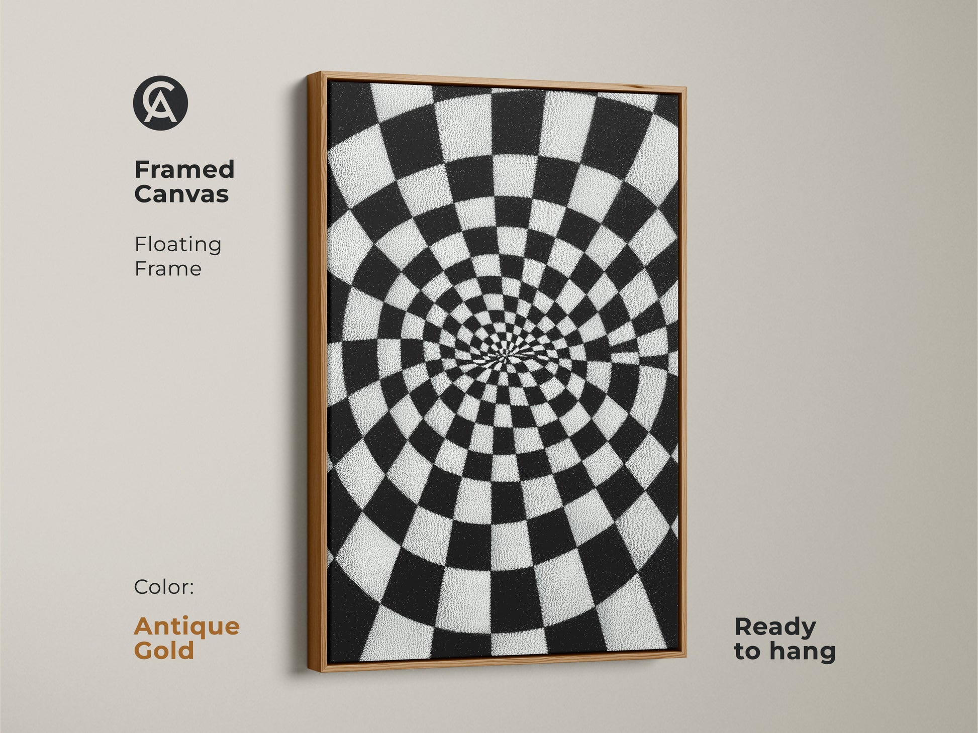 Framed Canvas Abstract Spiral Checkerboard artwork. An antique gold floating frame surrounds the black and white Op Art Print. It is geometric wall decor for a hallway or office. This contemporary art is ready to hang.