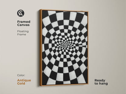 Framed Canvas Abstract Spiral Checkerboard artwork. An antique gold floating frame surrounds the black and white Op Art Print. It is geometric wall decor for a hallway or office. This contemporary art is ready to hang.