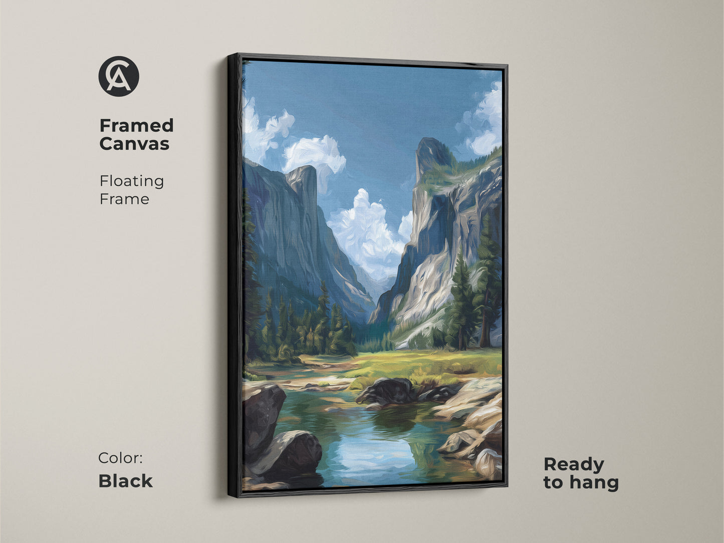 Framed canvas art in black features a mountain valley landscape. This river scenic canvas print has a floating frame. The Impressionist nature wall art is ready to hang. Blue and green hues create a tranquil outdoor artwork. It is a perfect rustic home decor.