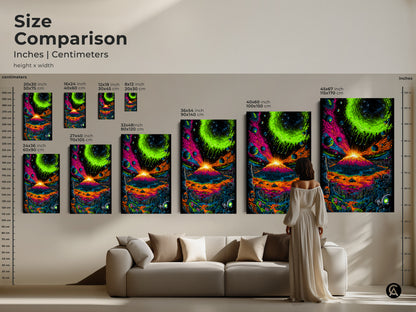 Size comparison of the vibrant volcano artwork in various dimensions. See how the artwork looks in different sizes on a wall. Available as canvas or poster. Find the ideal size for your home decor needs.