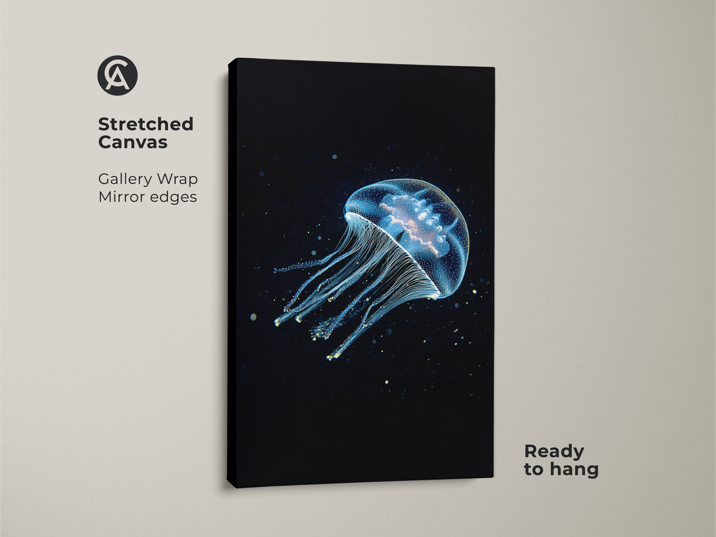 A stretched canvas showcases abstract ocean wall art. The deep blue cyan canvas print features a jellyfish. Ready to hang this marine life artwork brings contemporary style. It's ideal for those seeking oceanic home decor.