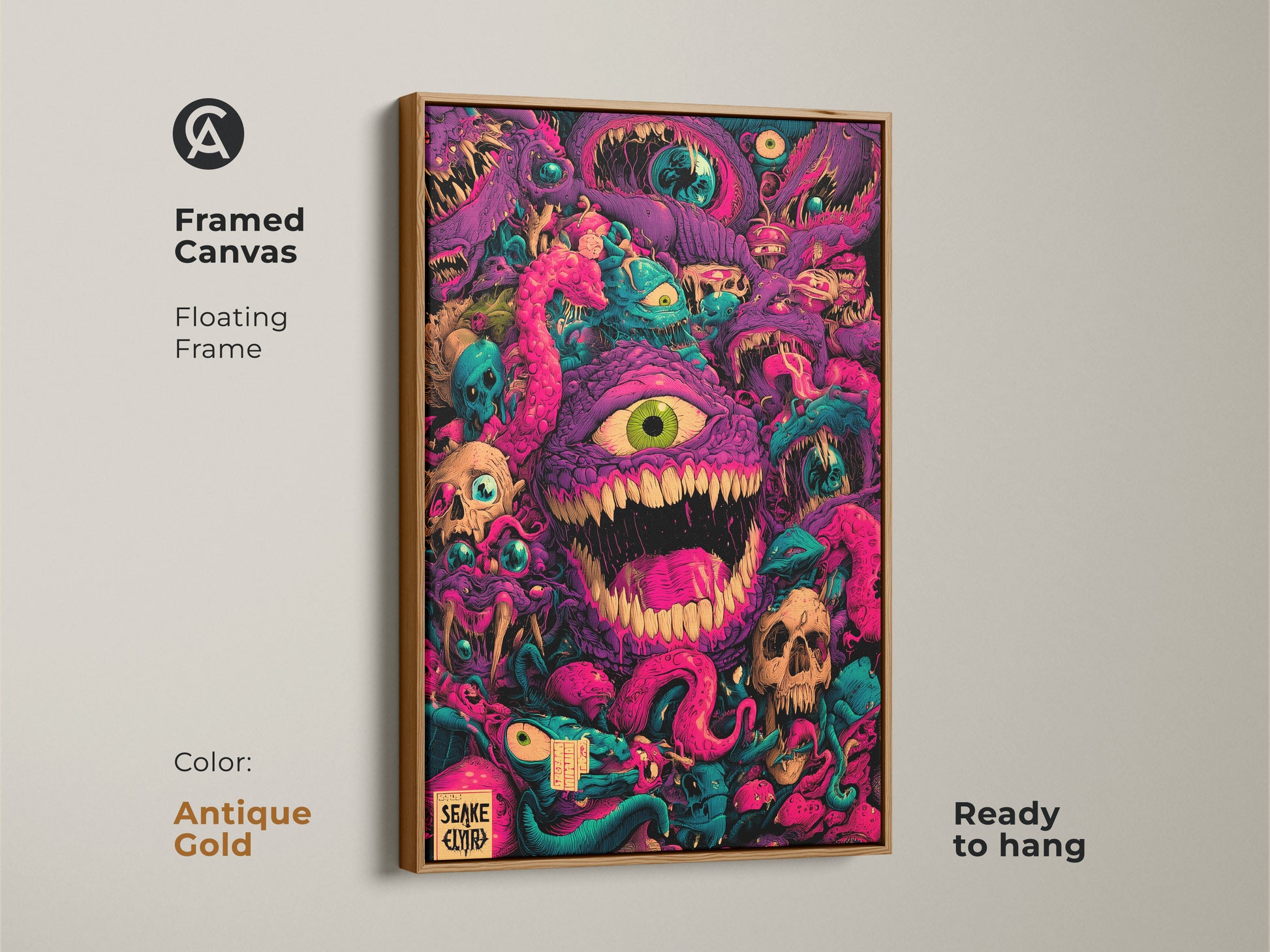 Framed Canvas Floating Frame in Antique Gold. Monster artwork comes to life in vibrant colors. Skulls tentacles & eyeballs are featured. Ready to hang this art will enhance any room. The antique gold frame adds a touch of elegance.