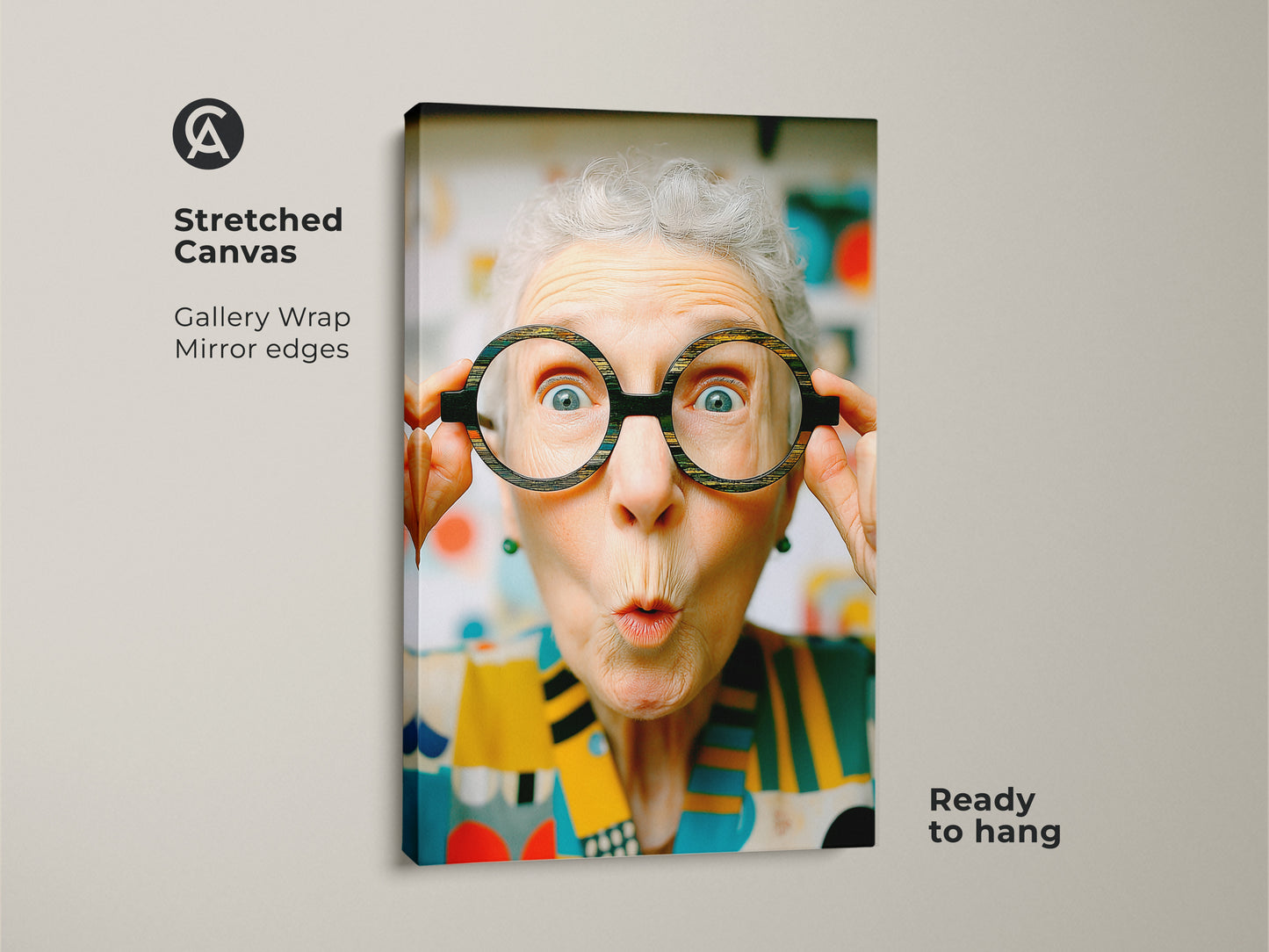 Stretched canvas art featuring a woman with glasses. Gallery wrapped with mirrored edges. This ready-to-hang piece adds a touch of humor and charm to your space. 