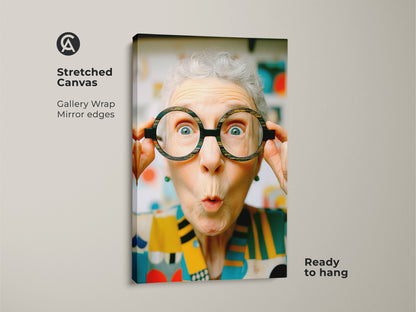 Stretched canvas art featuring a woman with glasses. Gallery wrapped with mirrored edges. This ready-to-hang piece adds a touch of humor and charm to your space. 