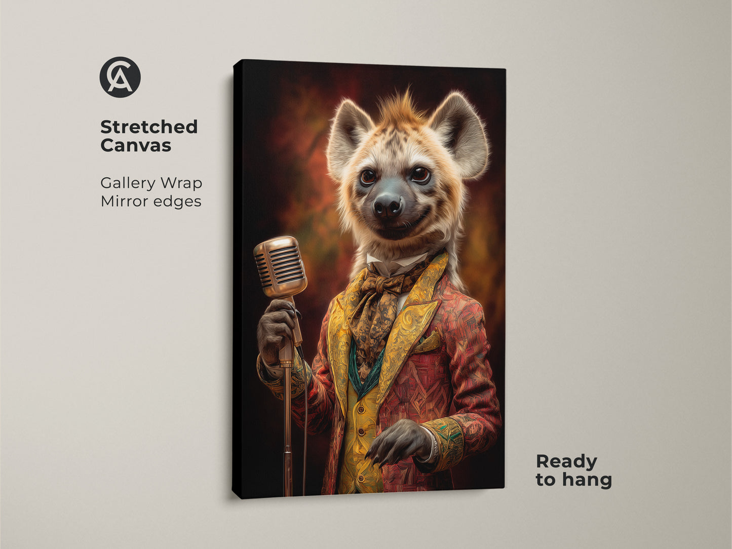 Stretched canvas print of a dapper hyena singer. The gallery wrap features mirrored edges and is ready to hang. This retro animal musician wall artwork adds an eclectic touch. The hyena holds a microphone in this vintage-style portrait.