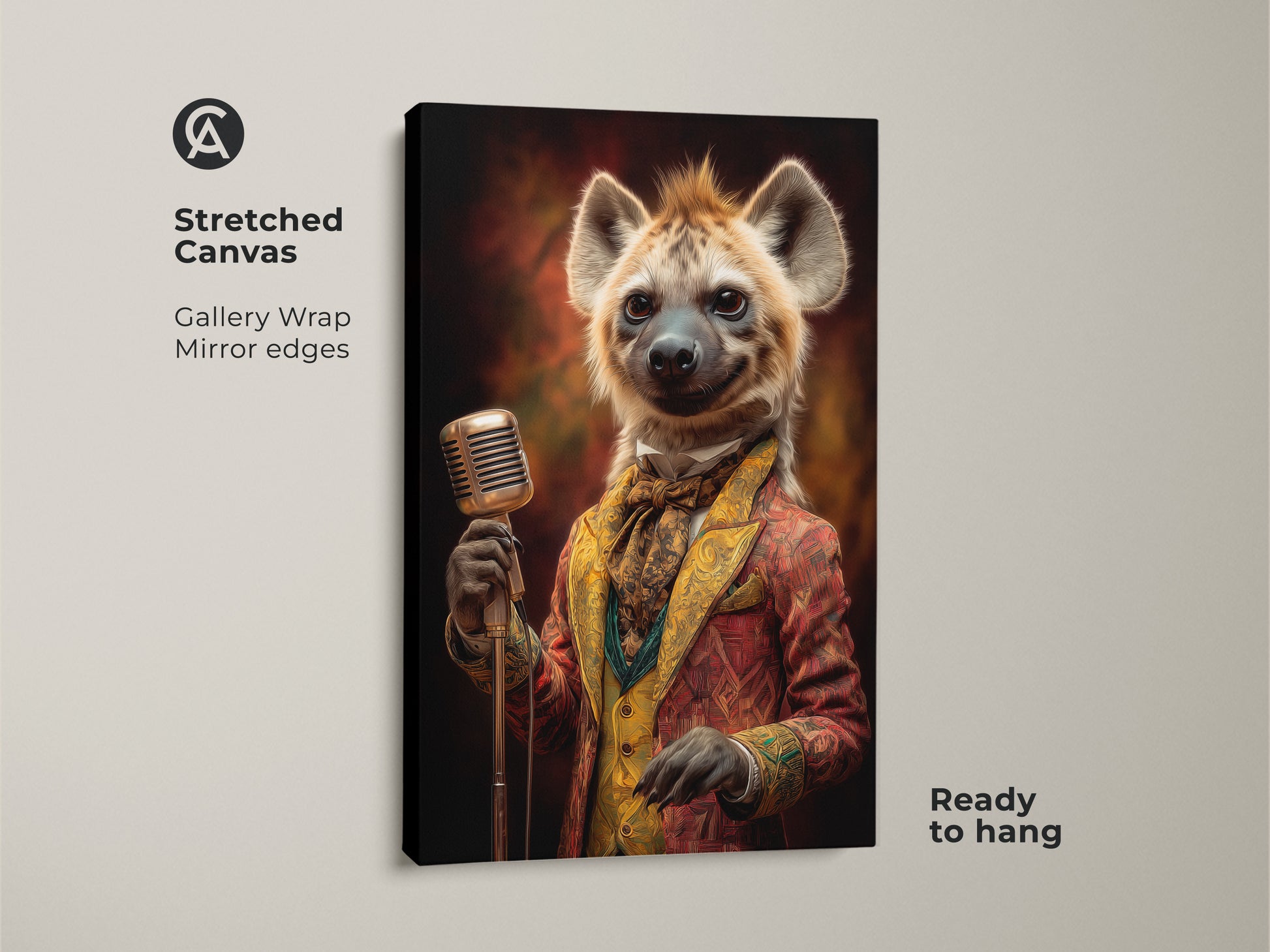 Stretched canvas print of a dapper hyena singer. The gallery wrap features mirrored edges and is ready to hang. This retro animal musician wall artwork adds an eclectic touch. The hyena holds a microphone in this vintage-style portrait.