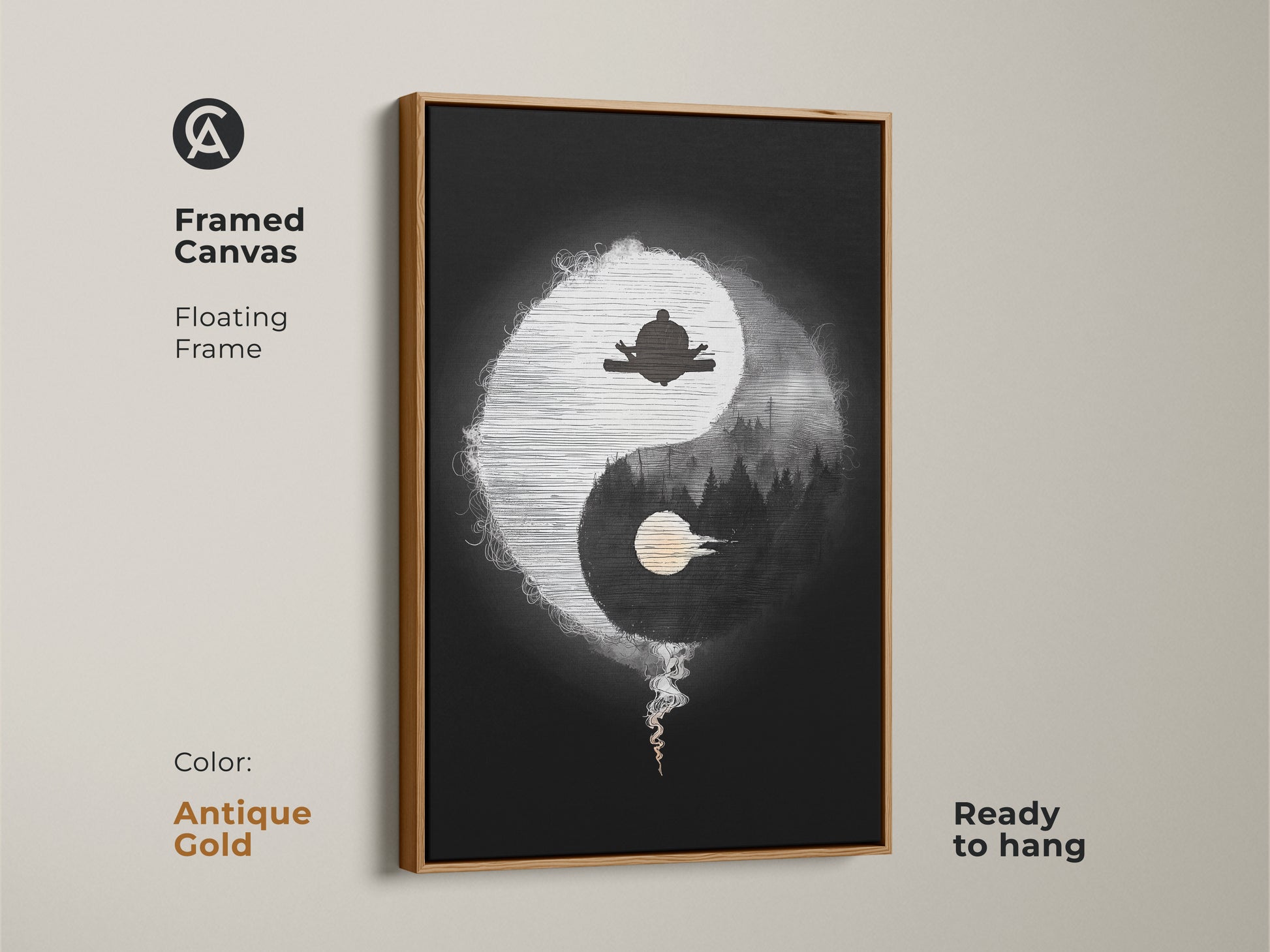 Framed Canvas of Abstract Yin Yang Zen art in antique gold. Showcasing minimalist spiritual artwork with a meditating figure. The black and white yoga decor is ready to hang. Floating frame enhances mindful living art.