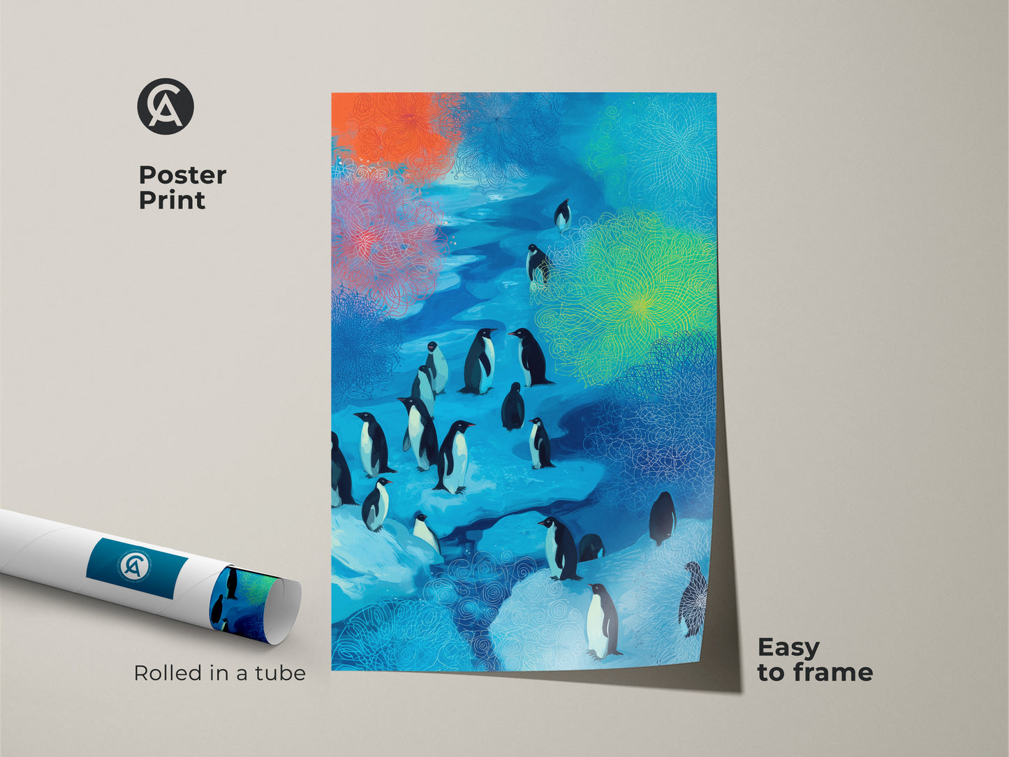 Poster Print version of the abstract penguin art. The print is rolled in a tube. Easy to frame for versatile decorating. This nature scene wall decor features penguins.
