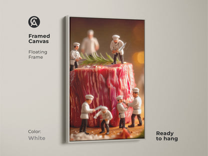 White framed canvas featuring miniature chefs working on a giant steak. The clean white floating frame complements this unique art piece. Ready to hang this playful food-themed art print is a great addition to any art collection.