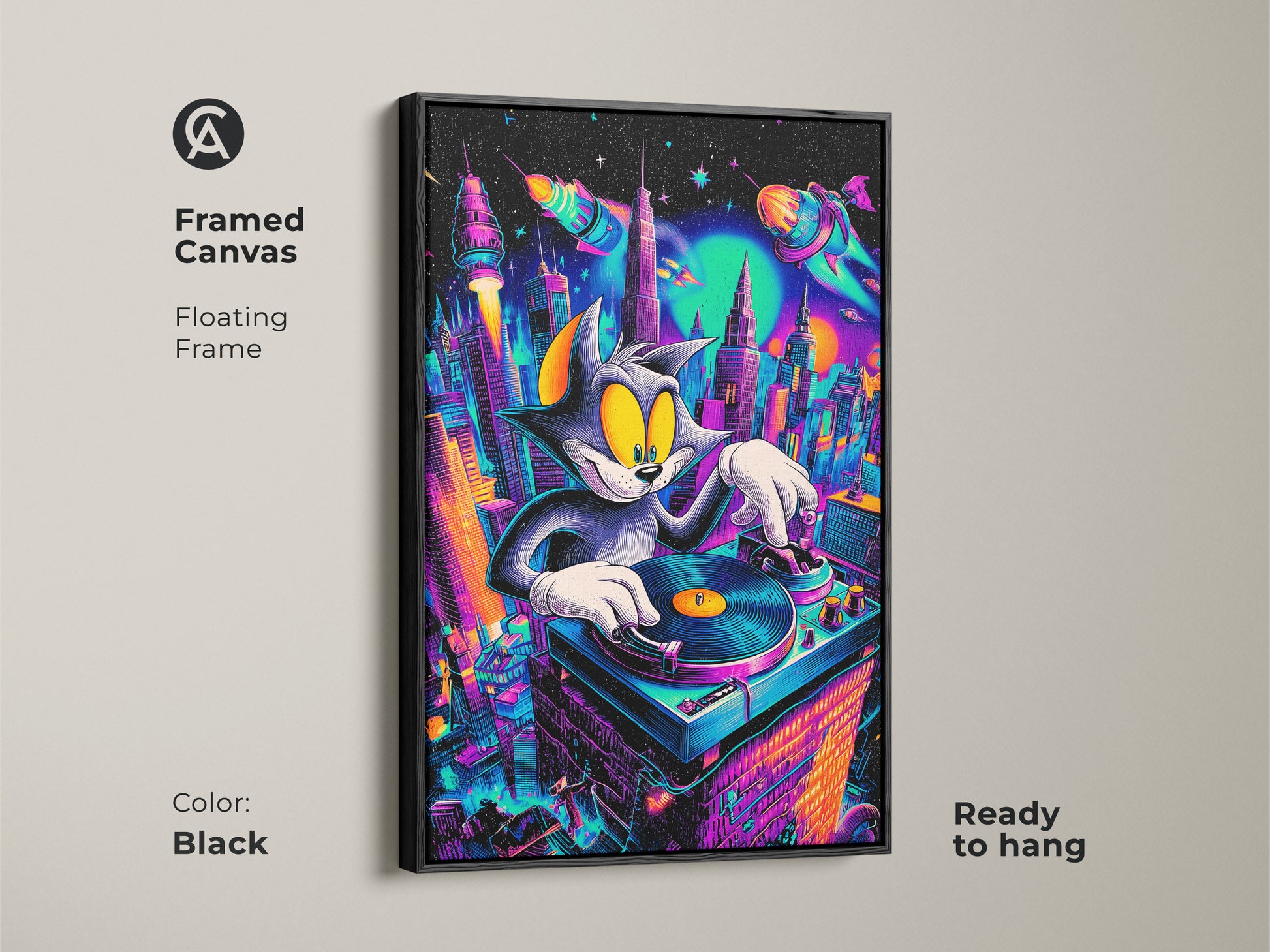 Framed canvas of Tom and Jerry DJ artwork with a black floating frame. Ready to hang. This piece features a cartoon cat mixing music in a neon cityscape. A modern and fun addition to any room. Perfect for pop culture art collectors.