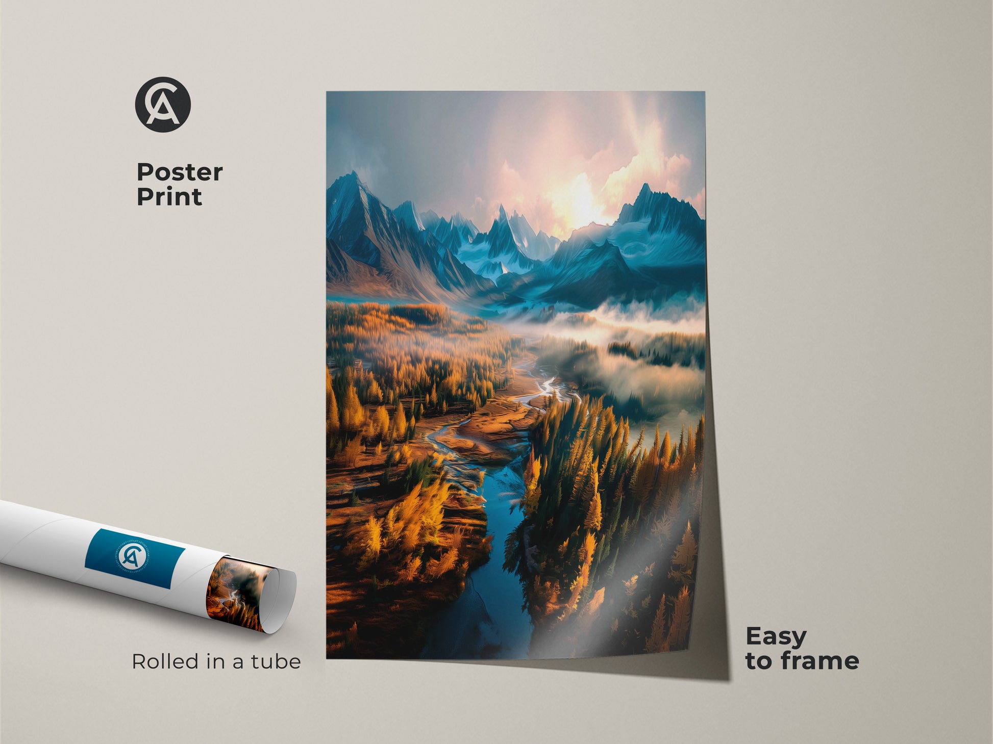 Poster print featuring a landscape with mountains a river and golden trees. The art is rolled in a tube for easy framing. A museum-quality paper ensures lasting beauty. Enhance your decor with this nature-inspired landscape print. Get this landscape poster print today.