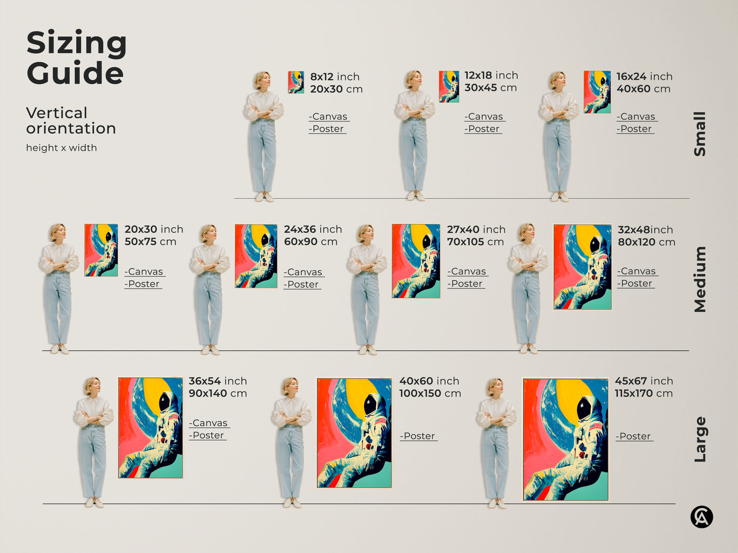 Sizing Guide for Vertical Orientation. Available in small medium and large sizes. This canvas and poster is great for showcasing the bold colors and retro futurism style of the astronaut earth view sci-fi art print.