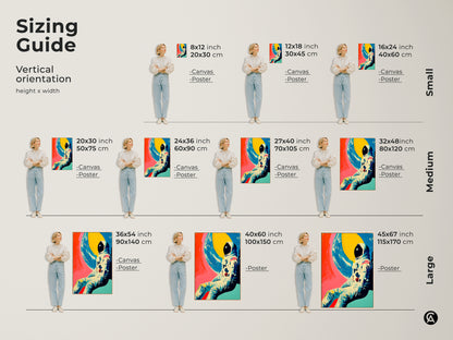 Sizing Guide for Vertical Orientation. Available in small medium and large sizes. This canvas and poster is great for showcasing the bold colors and retro futurism style of the astronaut earth view sci-fi art print.