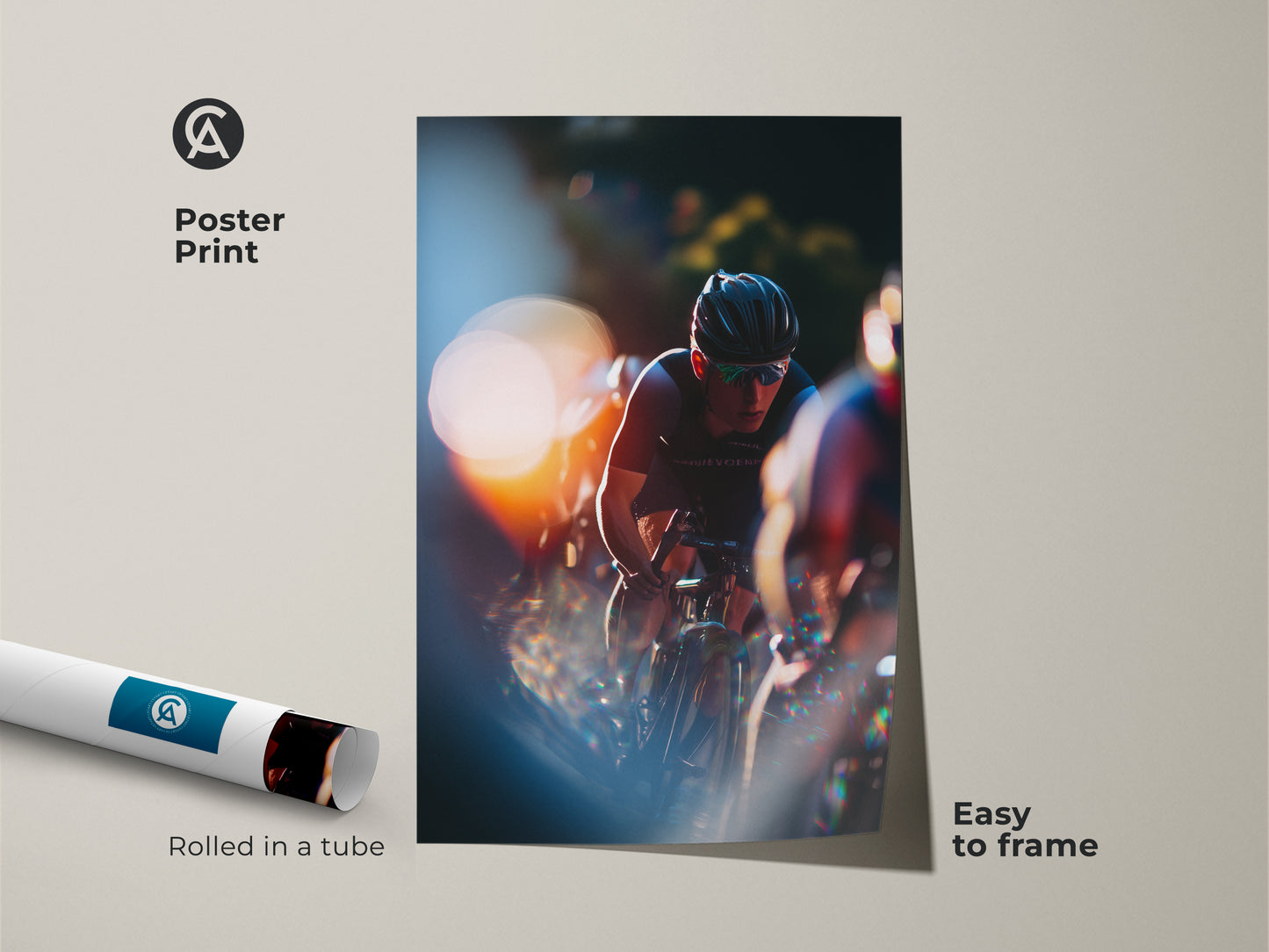 Poster print of a cycling race. Action photography captures the intensity. Easy to frame and display. Rolled in a tube for protection. The vibrant orange and blue artwork is perfect for sports-themed decor. Motivational art for any cycling fan.