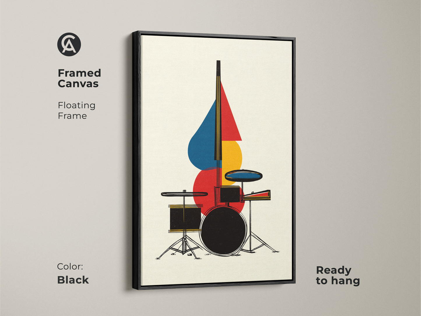 Framed canvas artwork of an abstract drum set features a black floating frame. The geometric mid century modern art enhances any room. This music-themed piece is ready to hang. The red blue and yellow tones create a striking visual impact as office wall artwork.