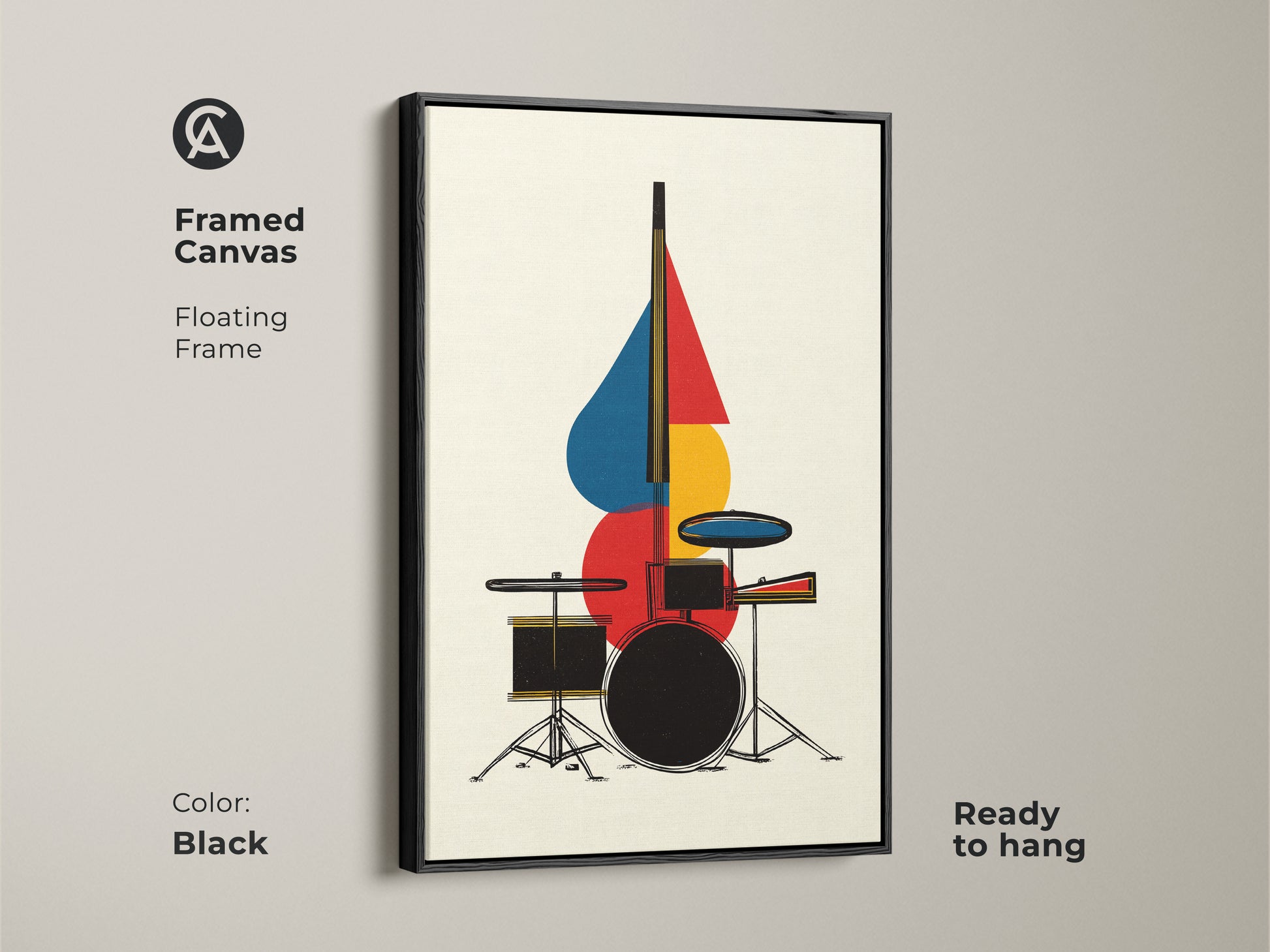 Framed canvas artwork of an abstract drum set features a black floating frame. The geometric mid century modern art enhances any room. This music-themed piece is ready to hang. The red blue and yellow tones create a striking visual impact as office wall artwork.