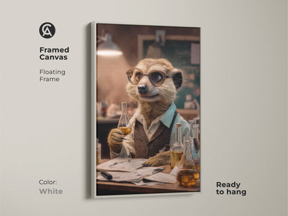 This artwork features a framed canvas with a white floating frame of a scientist meerkat. The art brings eclectic charm to any space. It makes a thoughtful gift for science enthusiasts or educators. The animal is in a lab coat.