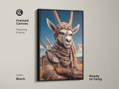 Black framed canvas art featuring a tribal gazelle. This spiritual warrior wall decor adds an eclectic touch. The fantasy animal artwork is ready to hang. Perfect wall hanging decor art for a travel obsessed friend.