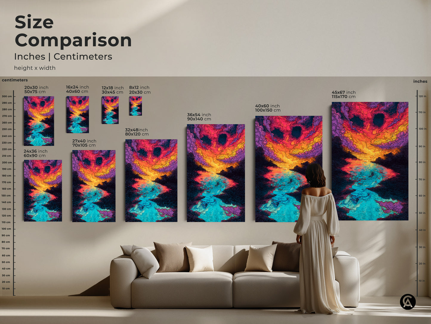 Size comparison of abstract sunset over water artwork in inches and centimeters. See canvas and poster sizes ranging from small to large. Visualize the art in your living room.