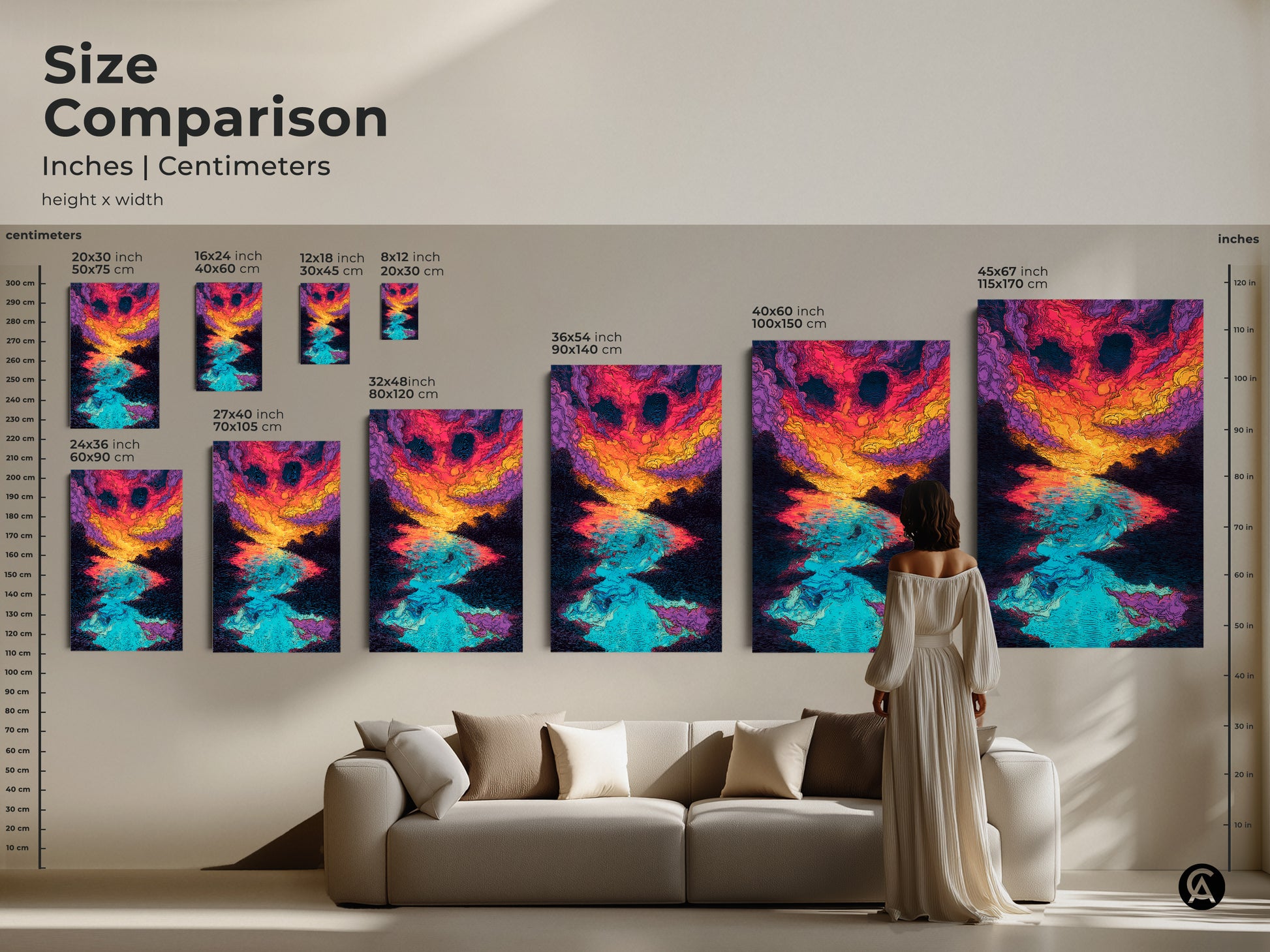 Size comparison of abstract sunset over water artwork in inches and centimeters. See canvas and poster sizes ranging from small to large. Visualize the art in your living room.