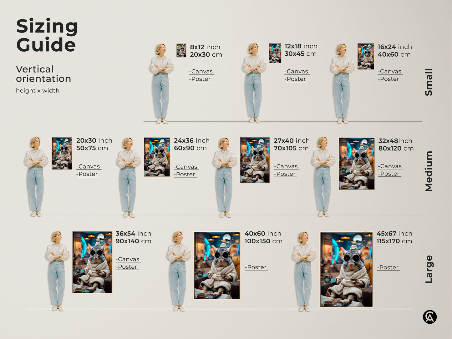 Sizing guide shows the surreal chinchilla artwork in various sizes. The gray brown and teal art suits any space. Visualize how the animal art fits your home or office. Canvas and poster options available.