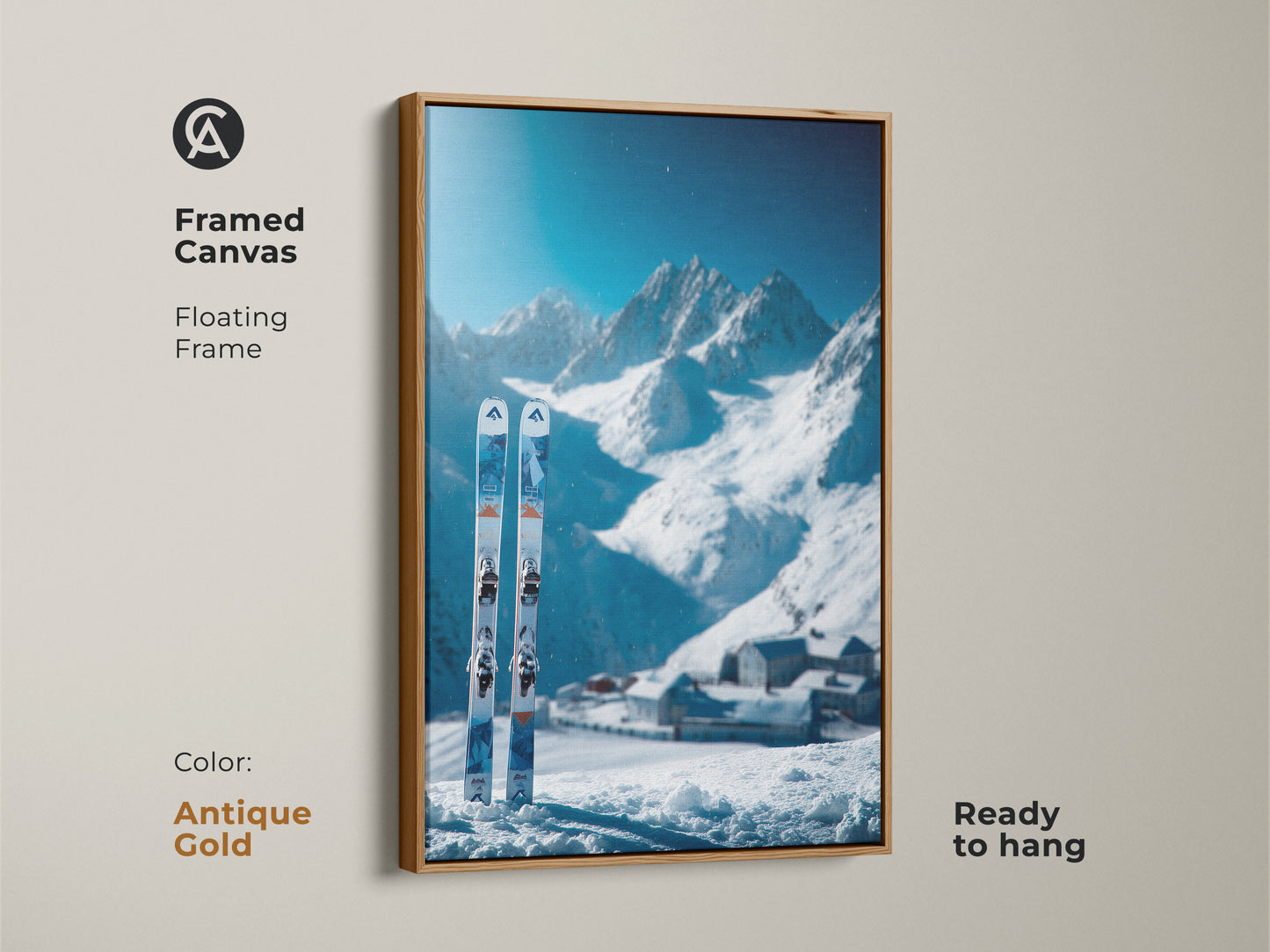 Framed canvas art of a ski scene. A winter mountain scene is the backdrop. The skis are in the snow. The frame is antique gold and floating. Buy this framed ski canvas art today.