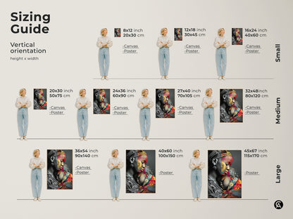 Find the perfect size with our sizing guide for the 'Mother and Child' artwork. Vertical orientation options include canvas and poster prints. Sizes range from small to medium to large. Choose the ideal family love art print for your eclectic home decor. Enjoy abstract expressionist art with gold red and teal colors.