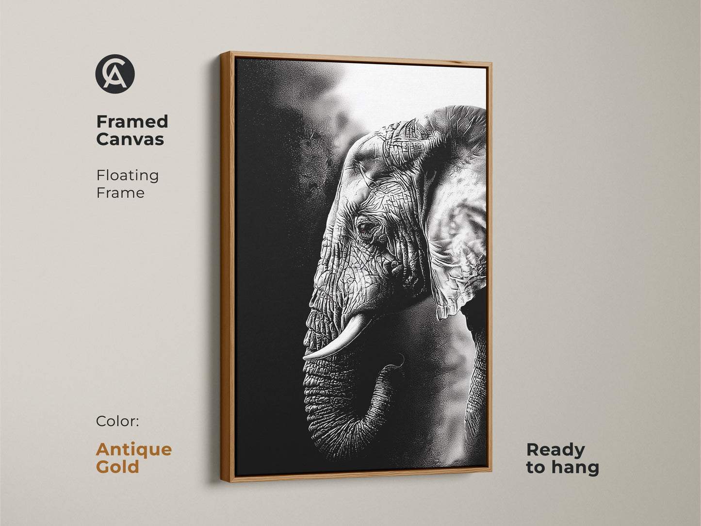 Antique gold framed canvas of a monochrome elephant is eye-catching. The floating frame accents this wildlife animal canvas. Ready to hang the black and white elephant print delivers modern home decor. This grayscale wildlife art is sophisticated.