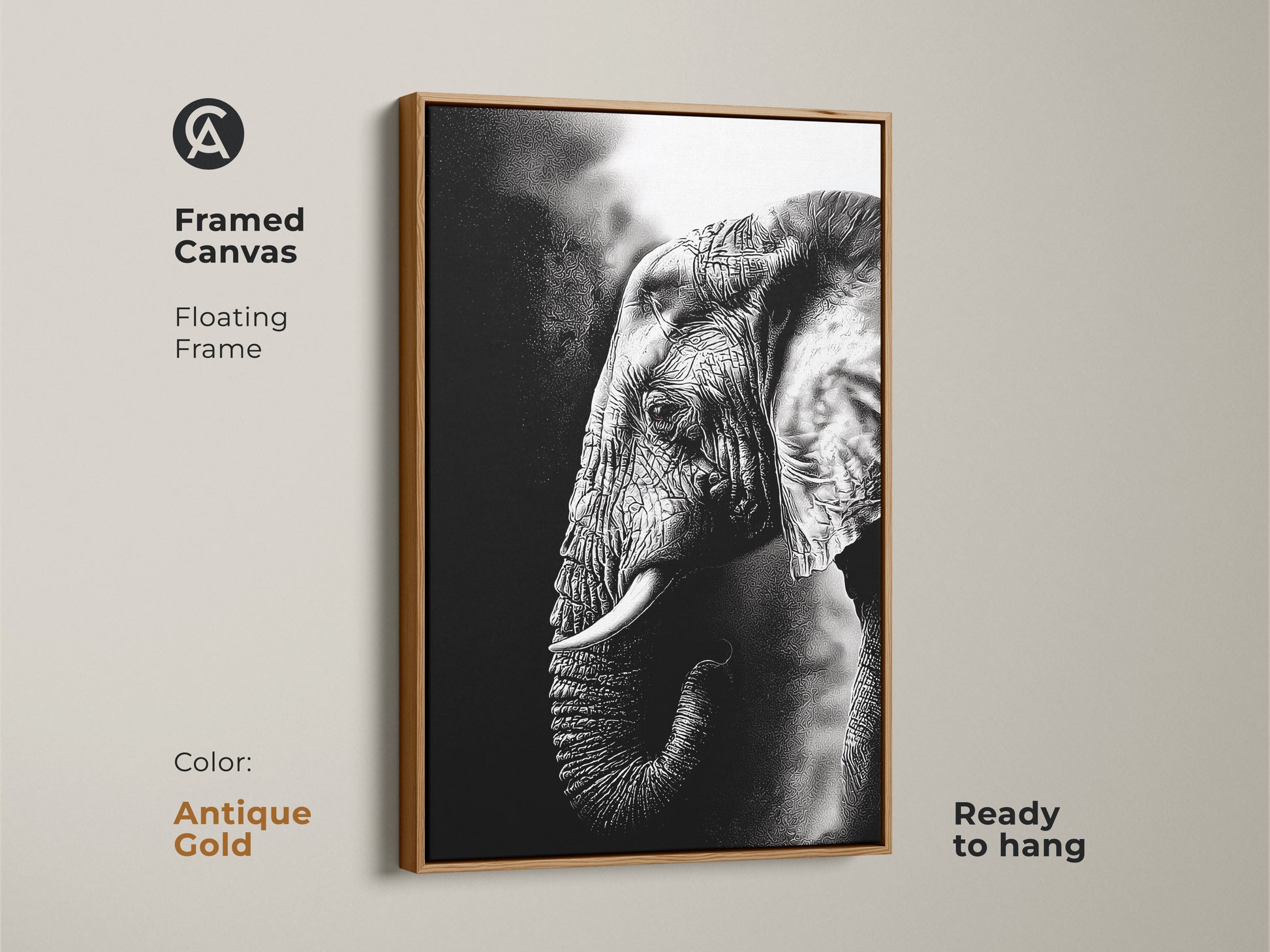 Antique gold framed canvas of a monochrome elephant is eye-catching. The floating frame accents this wildlife animal canvas. Ready to hang the black and white elephant print delivers modern home decor. This grayscale wildlife art is sophisticated.