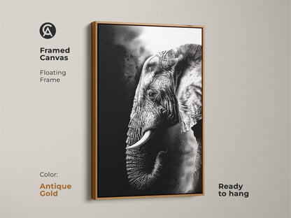 Antique gold framed canvas of a monochrome elephant is eye-catching. The floating frame accents this wildlife animal canvas. Ready to hang the black and white elephant print delivers modern home decor. This grayscale wildlife art is sophisticated.